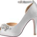 ERIJUNOR Women's Peep Toe Platform High Heel Rhinestones Satin Evening Prom Wedding Shoes (Silver)