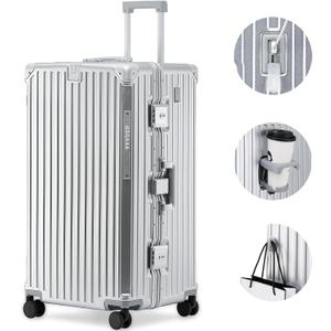 30 Inch Aluminium Frame Luggage, Large Checked Suitcase with Zipperless PC Hard Shell, Spinner Wheels, TSA Approved Lock and Lightweight Aluminum Luggage for Travel (Silver, 30 Inch)