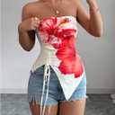 Women's Floral Strapless Tube Top Drawstring Ruched Asymmetrical Bandeau Tops Festival Rave Outfits (L)