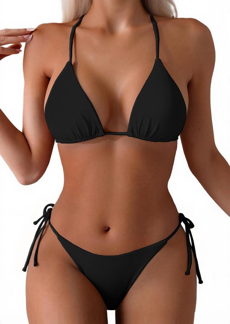 Tainehs Women's Sexy Halter Thong Bikini Tie Two Sides Bottom Triangle Bikini Swimsuits (Black)