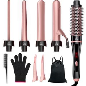 5 in 1 Curling Iron & Thermal Brush Set with 4 Interchangeable Ceramic Barrels (0.35-1.25) Fast Heat Dual Voltage Travel Hair Tools Birthday Gift for Women - Hair Curler Wand Kit for Curls & Blowout