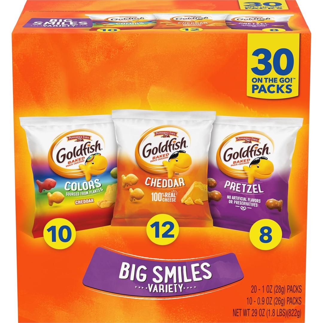 Goldfish Crackers Big Smiles Variety Pack with Cheddar, Colors, and Pretzels, Snack Packs, 30 Ct (EXP 08/17/25)