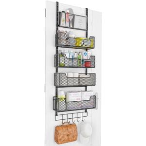 Adjustable Over The Door Organizer, Closet Door Organizer Heavy Duty Hanging Door Storage with 4 Metal Baskets and PVC Pocket, Behind Organizer for Bathroom Closet Bedroom Cabinet, Black
