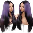 Ombre Purple Black Wear and Go Glueless Wigs Pre Plucked Pre Cut for Beginners Synthetic Lace Front Wig with Bangs Long Straight layered Wig HD Lace 26 Inch 3 Seconds to Wear for Beginners