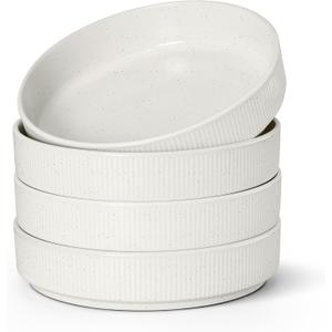 E-far Pasta Bowls Set of 4, 35oz Large Salad Bowl Plate for Dinner Serving Soup, Wide & Shallow Ceramic Stoneware Pasta Plates, Microwave & Dishwasher Safe, Textured Stripes & Speckled White, 8