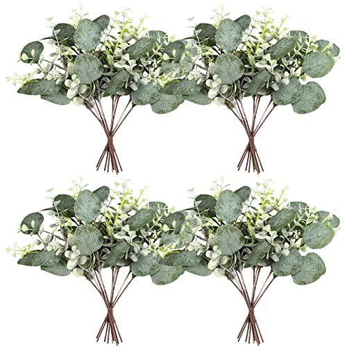 Yoratee Artificial Eucalyptus Stems 24PCS Mixed Eucalyptus Greenery Stems Silver Dollar Leaves with White Seeds Green Plants Wedding Bouquet Green Decor Flower Arrangement (Mixed Round Leaves)