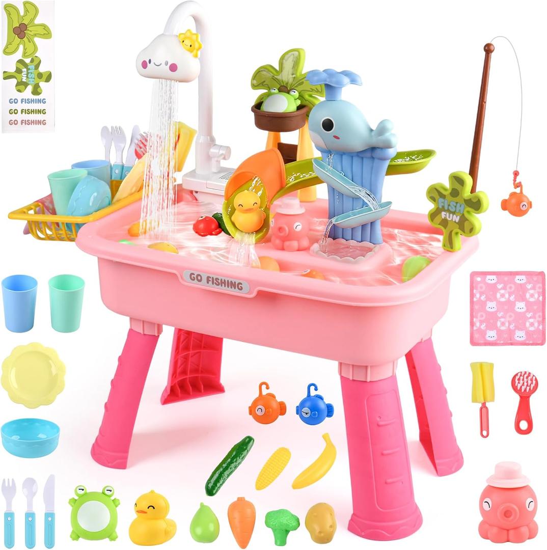 Upgraded Water Table for Toddlers 1-3 with Electric Water Pump, Kids Water Table with Faucet, Play Food Accessories Fishing Toy, Kitchen Play Sink Toys for Girl Boy (Pink)