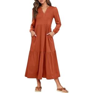 ANRABESS Women's Long Sleeve Maxi Dresses 2026 Spring Casual V Neck Flowy Tiered Boho Modest Vacation Dress with Pockets (Large, Rust Red)