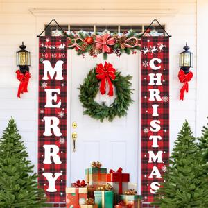Christmas Decorations Outdoor Indoor, Merry Christmas Banner Xmas Yard Front Porch Door Sign forChristmas Home Navidad Decor Door Wall Decoration (Red Black Plaid)