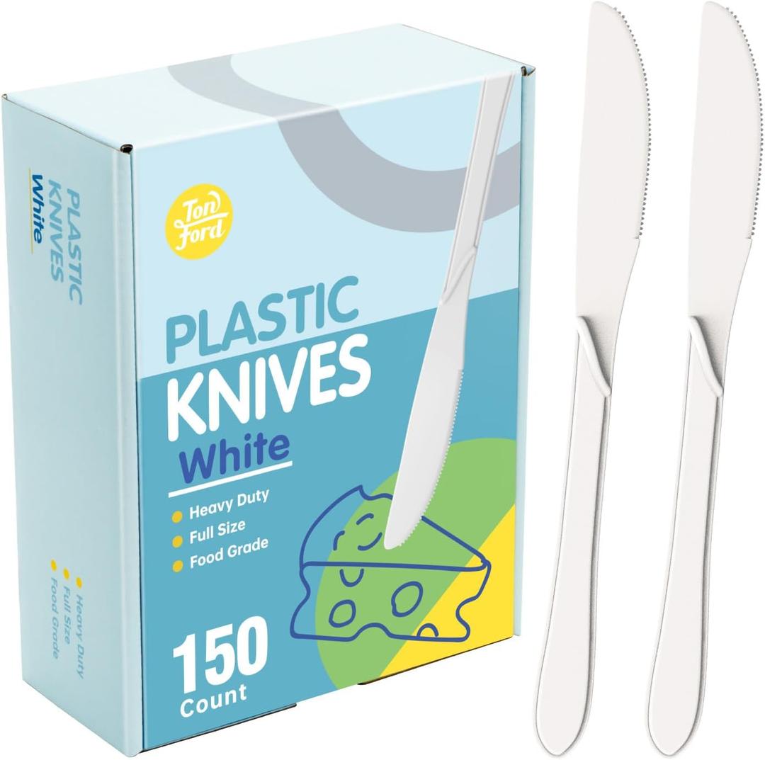 Premium White Plastic Knives - Heavy Duty & Heat Resistant Disposable Cutlery for Parties, Picnics, and Everyday Use - 150 Count