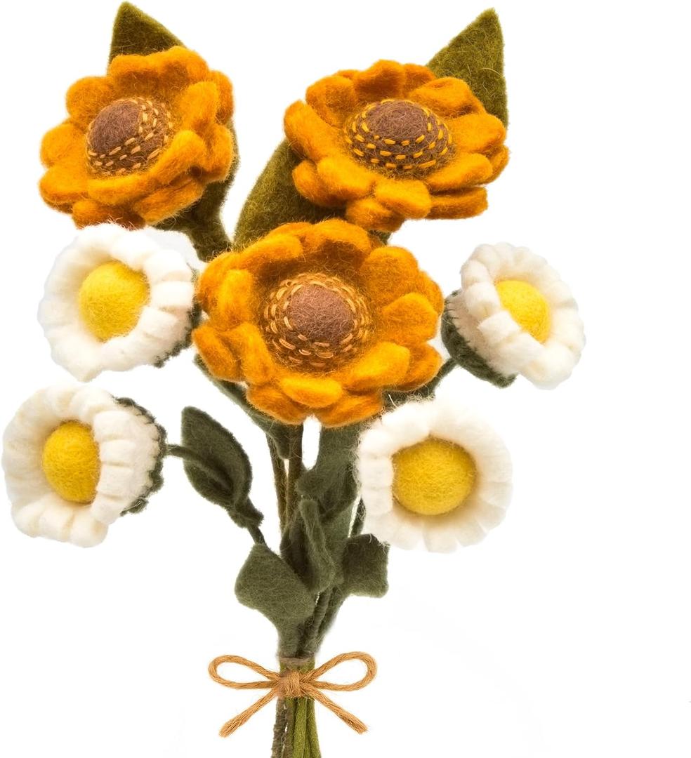 Glaciart One Felt Sunflower and Daisy Artificial Bouquet | Reusable, Washable and Essential Oil Ready Multi Color Artificial Flowers w/Bendable Wire Stems | Great Gift or Home/Event Decorations
