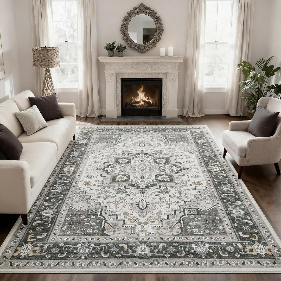 Washable 8X10 Area Rugs for Living Room, Soft Low Pile Vintage Rugs with Non Slip Rubber Backing, Boho Large Carpet for Bedroom, Dining Room, Farmhouse, Nursery, Home Office