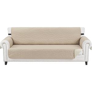 CUCRAF Non Slip Quilted Sofa Cover, Water Resistant Slipcover Furniture Protector for 4 Cushion Sofa Pet Friendly, Washable Couch Cover with Adjustable Elastic Straps (XX-Large, Beige)
