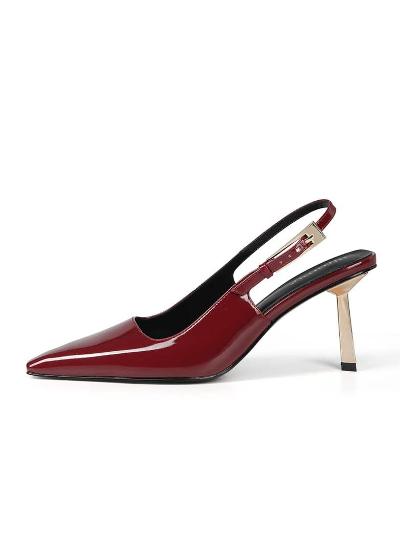 iiimmu Slingback Heels for Women 3.5 in / 4 in Kitten Heel Closed Toe Pumps Dress Shoes 6.5  Color: Patent Leather - Dark Red 