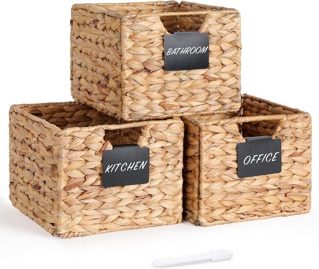 Water Hyacinth Storage Baskets Set of 3, 10.5x9x7.5in Wicker Storage Basket with Labels for Pantry Shelves, Kitchen, Bathroom Organization