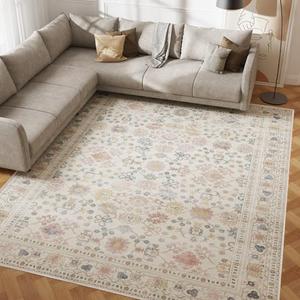 8x10 Washable Area Rug, Low Pile Faux Wool Carpet for Living Room, Bedroom, Dining Room, Vintage Flower Design, Non-Shedding Low-Pile Rug in Beige for High-Traffic Areas with Non-Slip Rubber Back