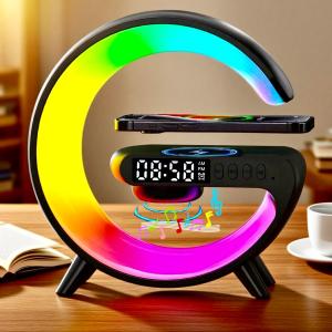 LED Table Lamp with Wireless Charger, G Shaped Night Light Lamp with Bluetooth Speaker, Sunrise Alarm Clock, Smart Mini Atmosphere Lamp for Bedroom, Office, Living Area (Black)