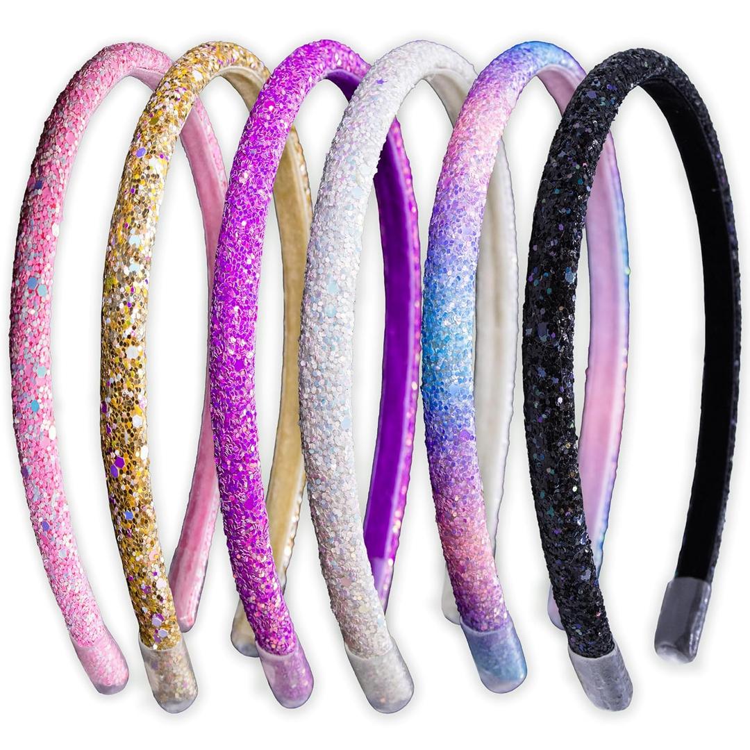 FROG SAC 6 Headbands for Girls - Thin Glitter Head Bands for Kids, Sparkle Hair Band Accessories for Toddlers, Cute Little Girl Headband Set, Sparkly Tween Easter Basket Fillers Stocking Stuffers
