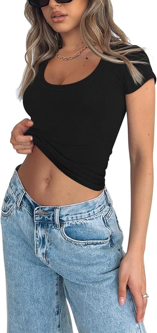 REORIA Women's Summer Basic Going Out Scoop Neck Crop Tops Tees Trendy Short Sleeve Ribbed Fitted Tshirts Shirts Plus Size Black X-Large