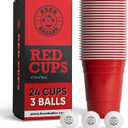 Red Cups Set - 24 Red Party Cups & 3 Balls | 16oz | Dishwasher Safe & Reusable