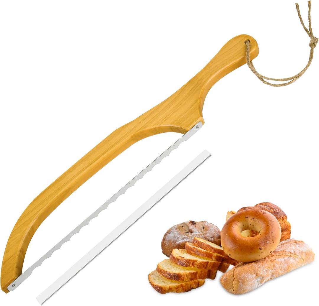 Bread Slicer, 15.7-inch Sourdough Bread Knife with protective cover, Used for Homemade Bread, Baguettes, Sandwich, Fruits(Suitable for right hand) (Wood color)