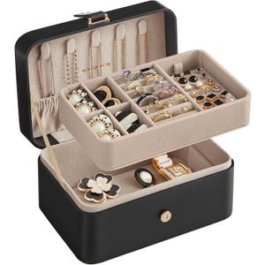SONGMICS Jewelry Organizer Box, Travel Jewelry Case, 2-Layer Travel Case for Earrings, Necklaces, Bracelets - Portable Jewelry Storage with Large Capacity, Gift Idea, Ink Black UJBC166B01