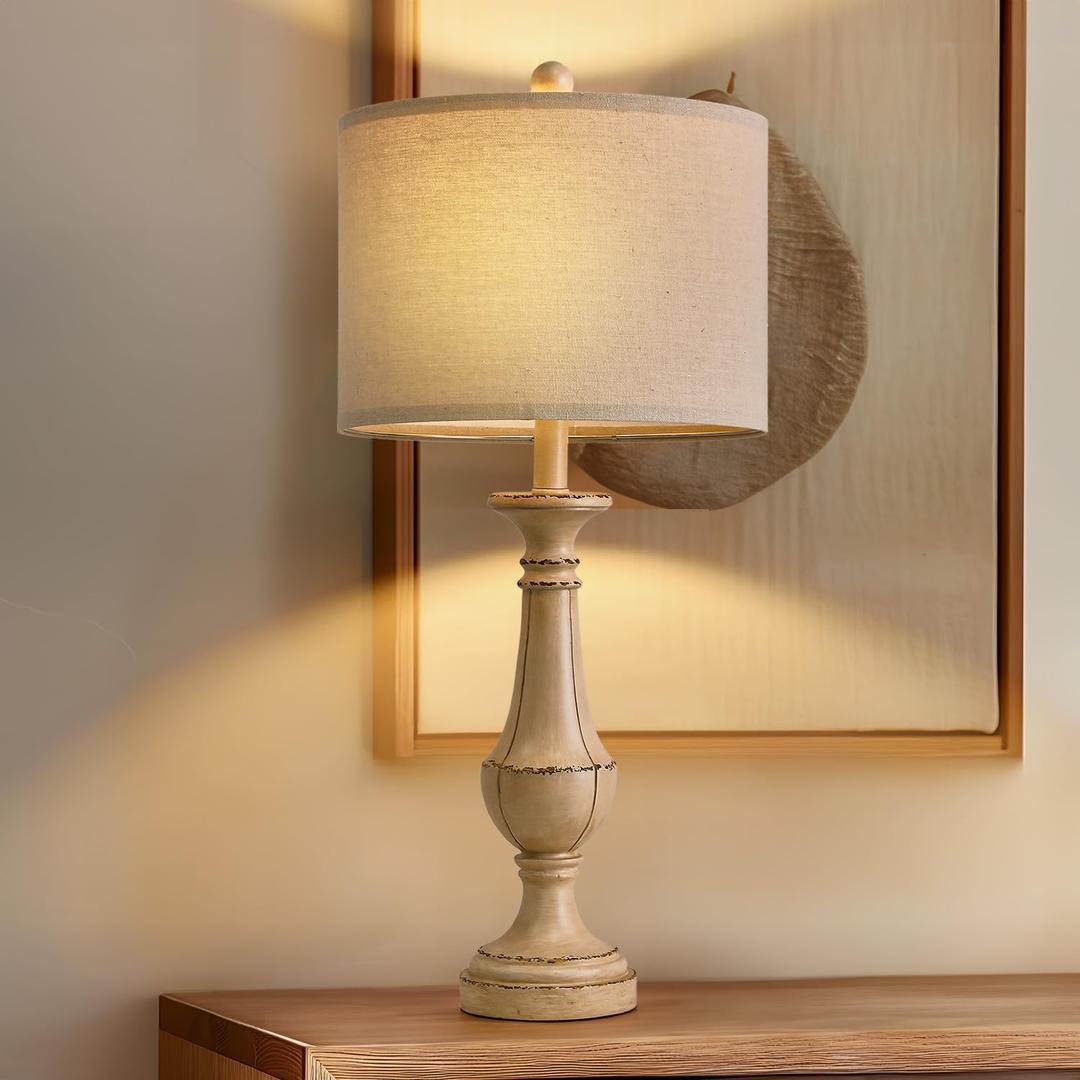 PoKat 27.5" Farmhouse Table Lamp for Living Room, Mid Century Tall Table Lamp for Bedroom, Bedside Lamps for Night Stands, Wood Bedroom Lamp for End Table, Traditional Lamp, Distressed Washed White (1 Set - Beige and White)