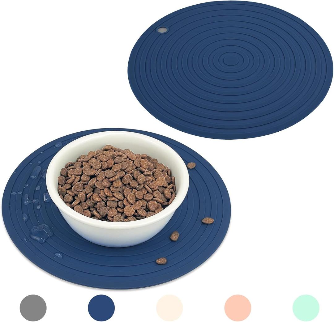 Ptlom Silicone Pet Food Mat for Dogs and Cats Placemat 2Pcs, Waterproof Non-Slip Feeding Bowl Mats Prevent Food and Water Overflow, Silicone Puppy Mat Suitable for Small Medium Pets, Navy Blue, 9.5"