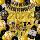 New Years Eve Party Supplies 2026 Happy New Year Decorations Kit- Happy New Year Banner,2026 Balloons Numbers,Gold Black New Years Balloons, Photo Booth Props Gold Fringe Curtain for NYE Decorations
