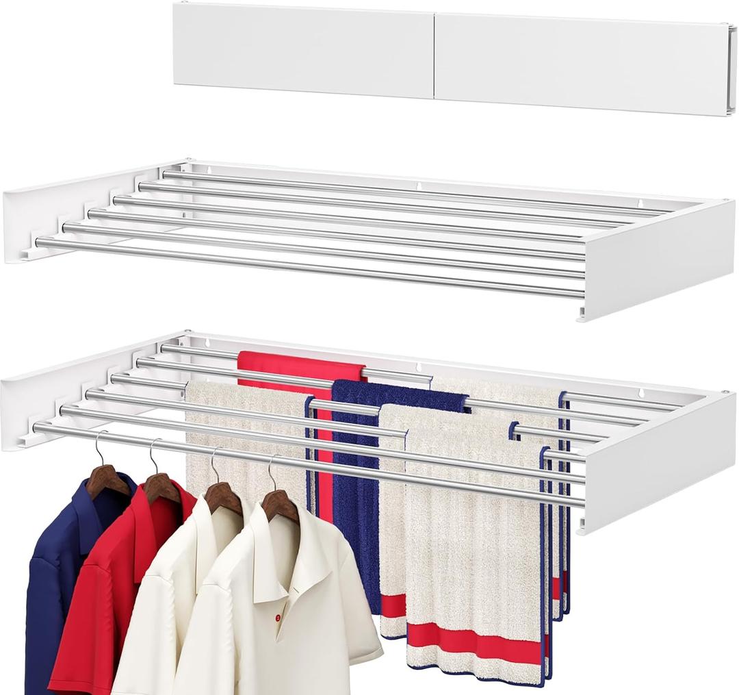 Wall Mounted Drying Rack 40", Foldable Laundry Drying Rack with Stainless Steel Rods, Retractable Laundry Space Saver for Indoor & Outdoor Use, Include Wall Template (White)