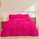 Fluffy Plush Duvet Cover Set, Luxury Ultra Soft Faux Fur Hot Pink Comforter Cover 3 Pieces (1 Fuzzy Cover + 2 Shaggy Pillowcases), Zipper Closure (Queen, Hot Pink)