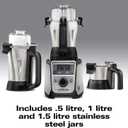 Hamilton Beach Professional 4-in-1 Juicer Mixer Grinder, Commercial-Grade 1400 Watt Motor, 3 Leakproof Jars, For Wet and Dry Spices, Chutneys and Curries, Engineered in India & USA (58770), Stainless