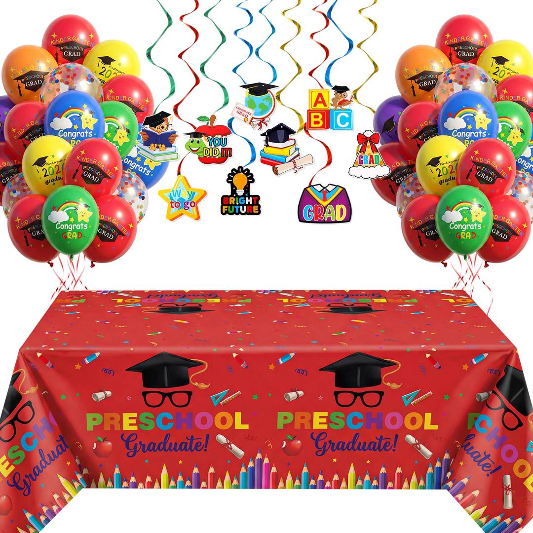 Wettarn 47 Pcs 2026 Pre School Graduation Decorations Pre k Graduation Decorations Include Kindergarten Table Cover 10 Congrats Hanging Swirl 36 Pcs Graduate Balloon for Congrats Grad Party(Red)
