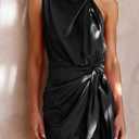 PRETTYGARDEN Women's Short Formal Satin Dress Summer Sleeveless Mock Neck Tie Waist Cocktail Party Dresses (Black, S)