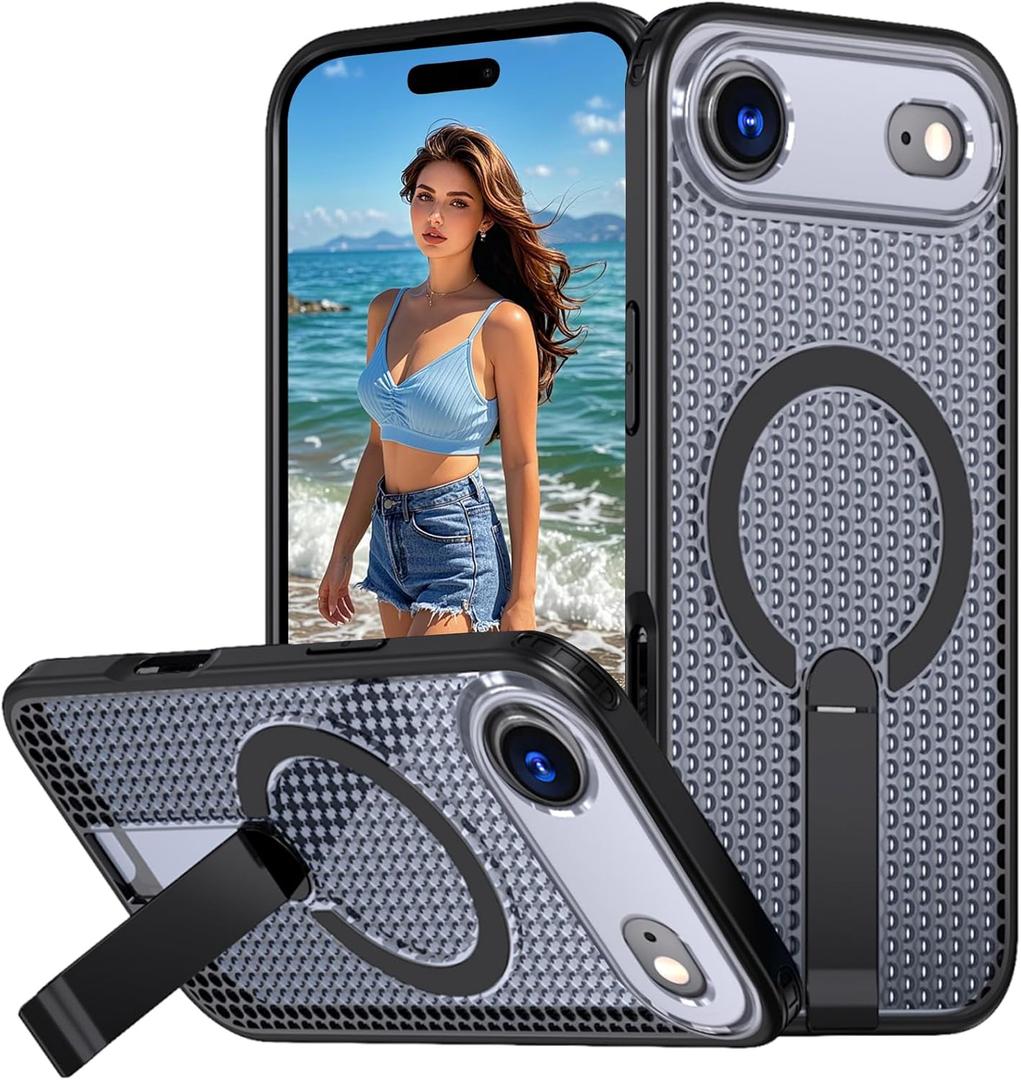 for Apple iPhone 17 Air Case Magnetic Heat Dissipation with Foldable Kickstand, Compatible with MagSafe  Mesh Breathable Hollow Honeycomb Shockproof Cooling Cover for iPhone Air FX-Black