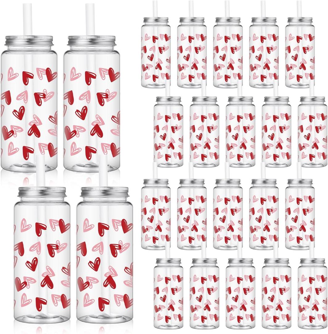 Meanplan 24 Pcs Valentines Gift Bulk 13.5 oz Red Pink Heart Plastic Cup with Lids and Straws Romantic Reusable Tumbler Drinking Mugs for Adults Valentines Wedding Bridal Party Favors Supplies