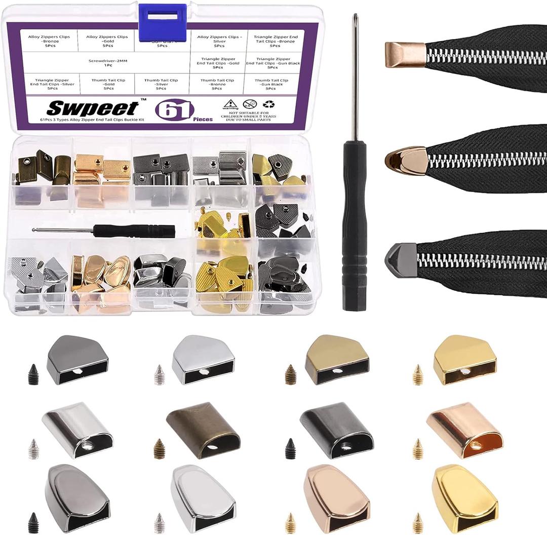 Swpeet 60 Sets 3 Styles Triangle/Thumb/Rectangle 4 Colors Metal Alloy Zipper Ends Tail Clips Buckle Stop Tail Head Zippers Stopper Repair Replacement with Screws and Screwdrive for Pants, Jackets