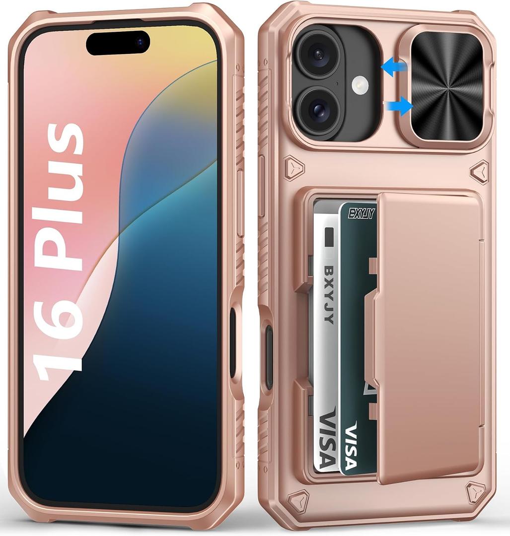 BXYJY for iPhone 16 Plus Phone Case Wallet, Built-in Card Holder (4-5 Cards), Slide Camera Lens Cover, Military Grade Drop & RFID Protection, Rugged Women Girly Men Case for iPhone 16Plus, Rose Gold