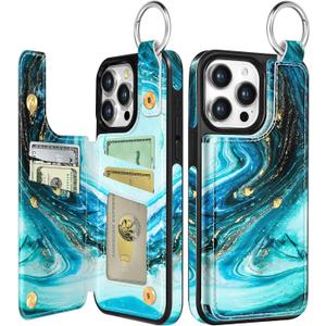 Shorogyt Compatible with iPhone 14 Pro Max Wallet Case with Card Holder - Designer Marble Pattern Kickstand Magnetic Clasp Back Flip Folio Leather Phone Covers Women Men Girls Cyan