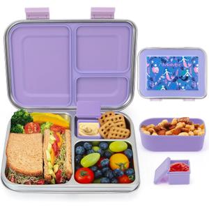 MaMix Kids Lunch Box Stainless Steel,3 Compartments Leak-Proof Bento Box for Kids for Sandwich, Lunch Containers Freezer Safe (purple)
