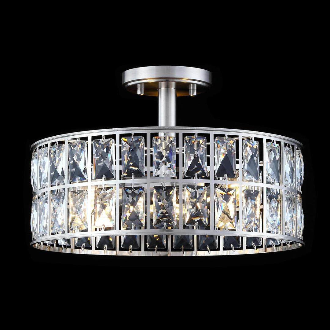 Crystal Drum Ceiling Light Brushed Nickel 14 Inch 3 Light Semi Flush Mount Farmhouse Fixture for Living Room Dining Room Bedroom Kitchen Island Hallway