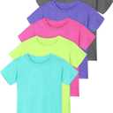 Poroka 5 Pack Girls Athletic Shirts Short Sleeve Dry Fit T-Shirts Crew Neck Active Activewear Sports Tees Tops for Kids, 8-10Y