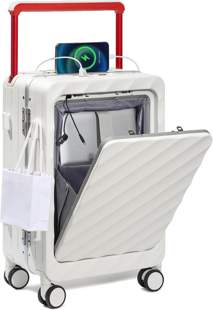 Somago Carry On Luggage Wide Handle 20 Inch Suitcase with Front Compartment Aluminum Framed PC Hardside 22x14x9 No Zipper Business Baggage with Spinner Wheels USB Charging Port TSA Lock (White), Front Open 20 inch