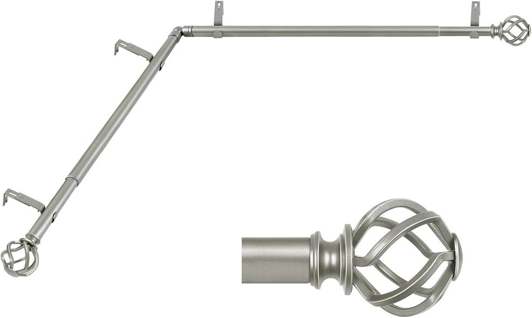 KAMANINA 1 Inch Corner Curtain Rod 36 to 72 Inches (3-6 Feet), Antique Silver Curtain Rods for Corner Windows 24 to 68 Inches, Twisted Cage Ends