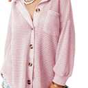 Dokotoo Women Waffle Knit Top 2026 Fashion Solid Color Oversized Long Sleeve Button Up Pockets Shirts Ladies Loose Fit Shacket Tunic Blouses Pink Medium