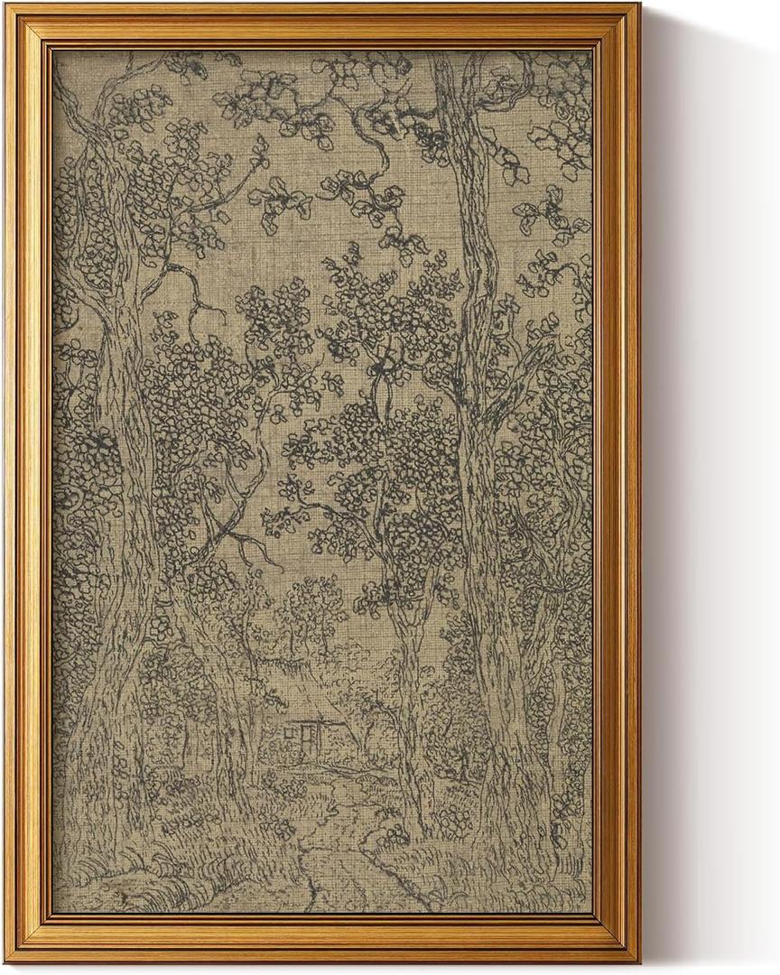 HUARCEY Gold Framed Canvas Wall Art, Antique Sketch Landscape Pictures Vintage Decor, Bedroom Kitchen Shelf Decor, Dark Moody Retro Country Farmhouse Canvas Paintings, 16x24inch