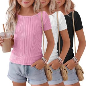 3 Pack Girls Shirts Cotton Basic Tees Ribbed Knit Slim Fit T Shirts Boat Neck Tops Casual for Kids Ages 5-14