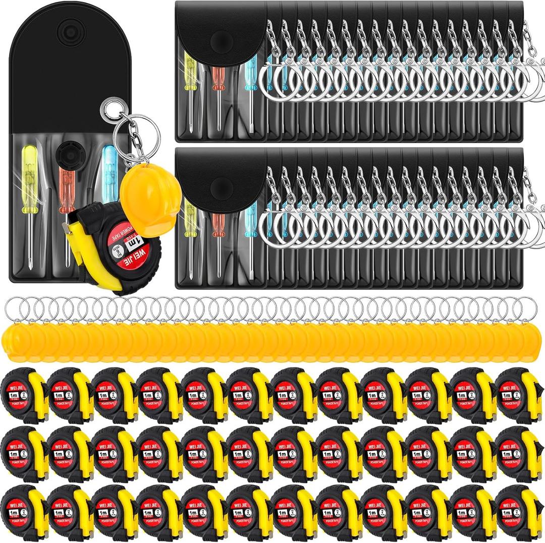 Jutom 108 Pcs Mini Construction Helmet Keychains Tape Screwdrivers Tool Adult Men Gifts Bulk for Easter Egg Stuffers Father's Day Construction Party Favors Gifts