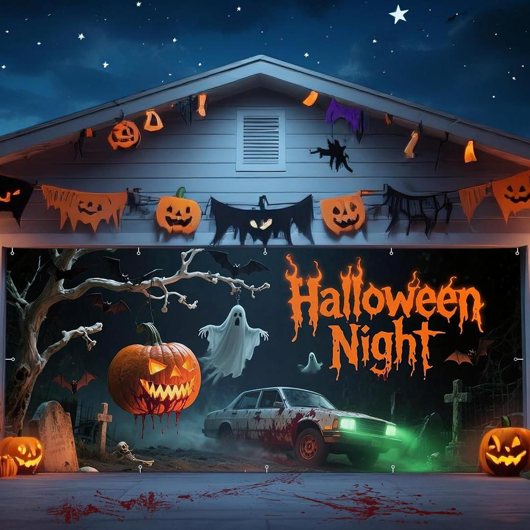 Halloween Garage Door Cover Decorations 7x16 ft, Large Garage Buddy Halloween Banner Murals, Large Backdrop Banner Photo for Home Party Outdoor Yard Holiday Wall Decorations