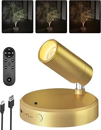 EZVALO LED Spotlight Indoor, 5500mAh Rechargeable Battery Picture Lights, Wireless Mini Art Accent Spot Lights with Remote, Uplighting Indoor for Plants Display Painting Artwork Portrait (1Pack-Gold)